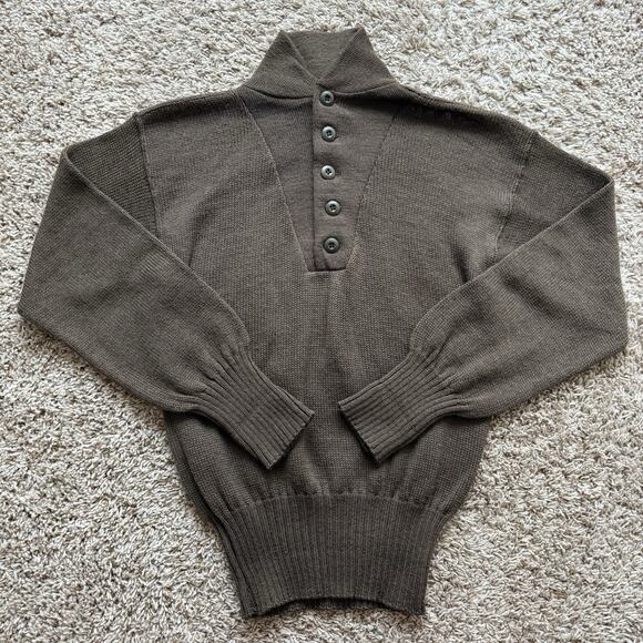 Vintage US Military Sweater 100% Wool OD Brown Knit Henley 5-Button Men’s Size M - Picture 1 of 7